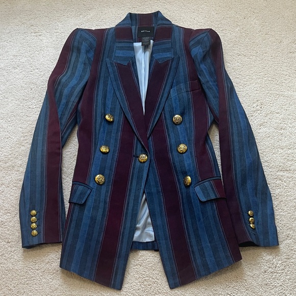 Smythe Jackets & Blazers - Smythe Burgundy and Blue Striped Linen-Blend Blazer